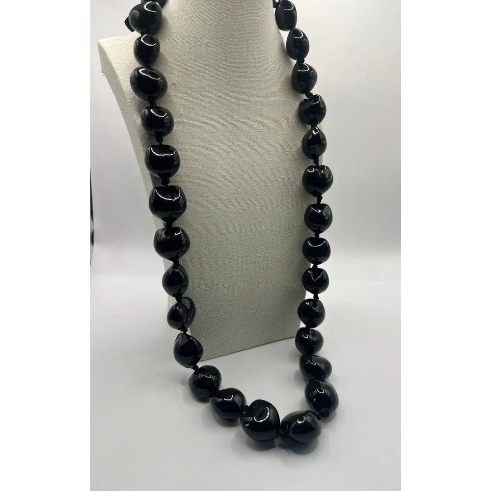 Kukui Nut Lei Necklace Black Polished Ribbon Tie Island Lightweight‎ Hawaiian